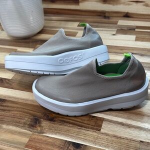 OOFOS Taupe Slip-On Sneakers with White and Green Accents